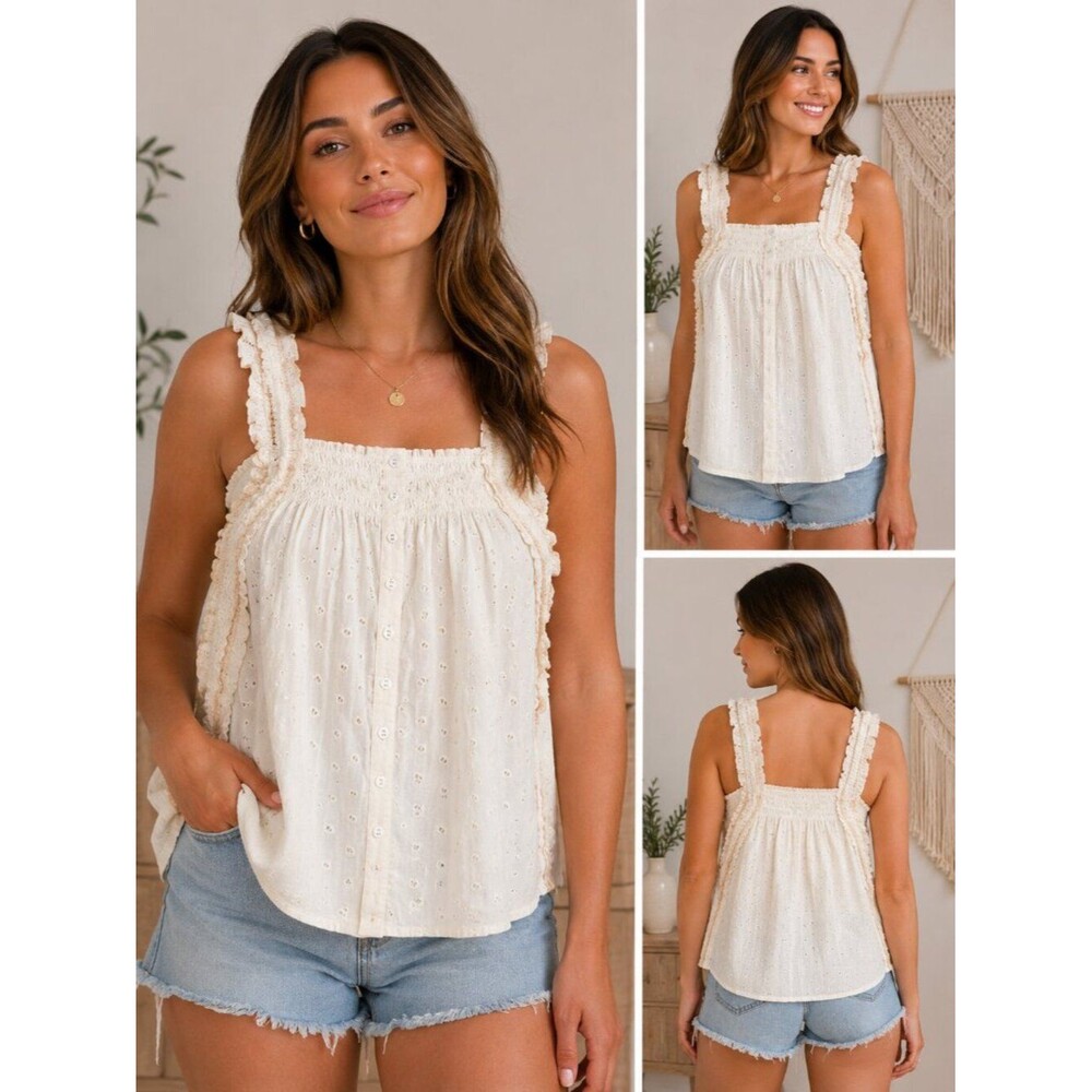 Jennifer & Grace White Cotton Eyelet Ruffle Boho Tank Top Medium